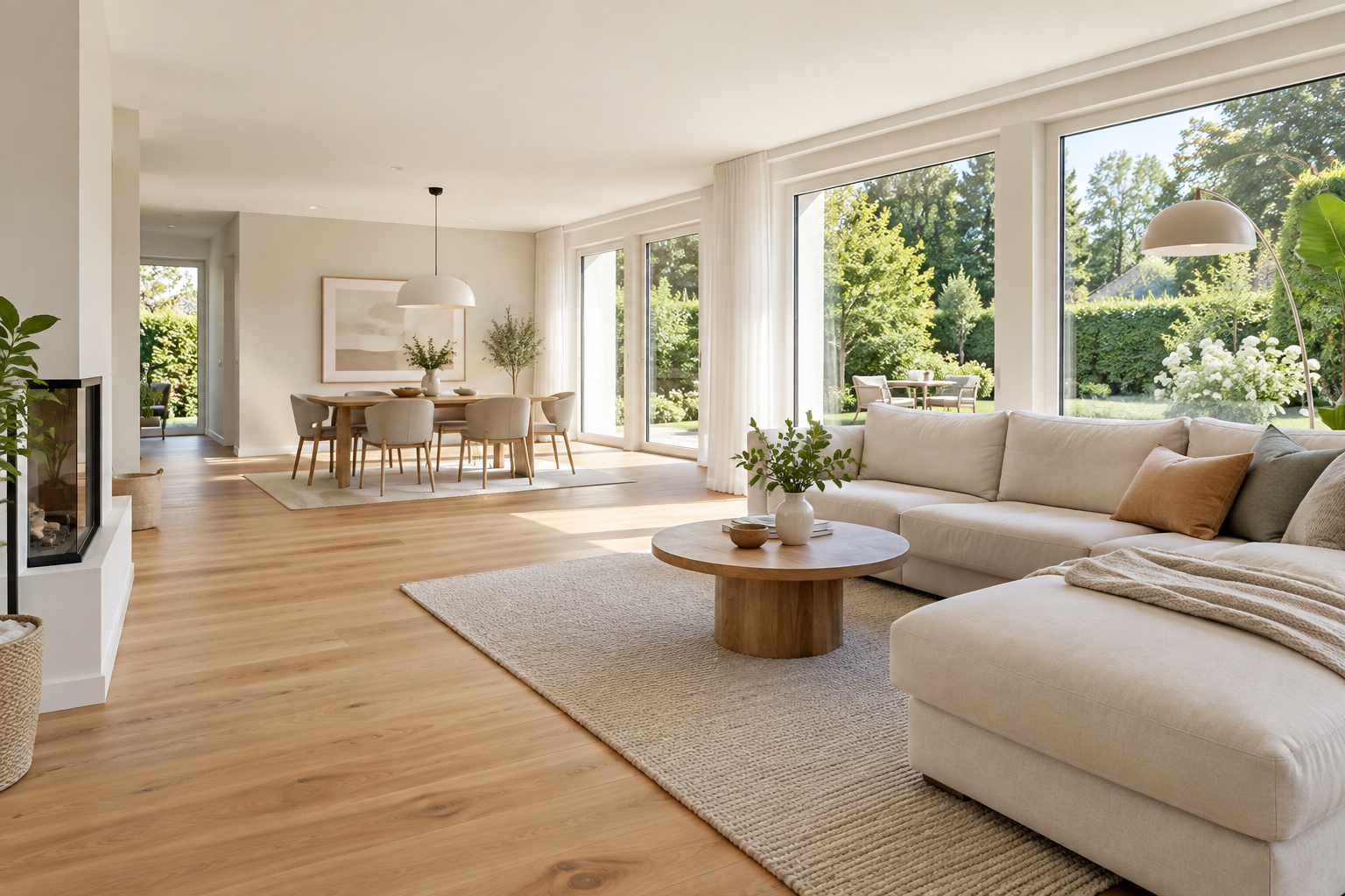 Illustratives Beispiel: heller Wohnraum mit Gartenblick